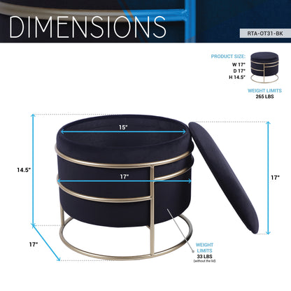 Elegant Velvet round Ottoman with Gold Frame and Storage, Black