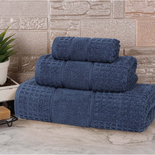 Zero Twist Cotton Waffle Border 3-Piece Towel Set, Denim Blue
