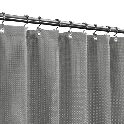 Long Fabric Waffle Weave Shower Curtain 75 Inch Height, Hotel Luxury Spa, 230 GSM Heavy Duty, Water Repellent, Machine Washable, Gray Pique Pattern, 71X75