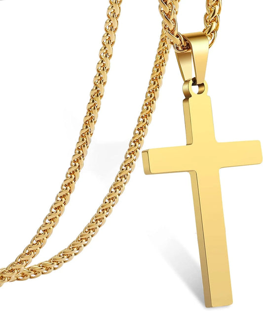 Gold Cross Necklaces for Men Boys Stainless Steel Cross Pendant Chain Catholic Religious Christian Birthday Jewelry Gifts Ideas Dad Husband Son Tween Preteen Boyfriend Teen Teenage Kids Age