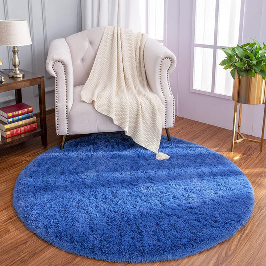 Luxury round Fluffy Area Rugs for Bedroom Kids Girls Room Nursery, Super Soft Circle Rug, Cute Shaggy Carpet for Children Living Room, 4X4 Feet Light Navy