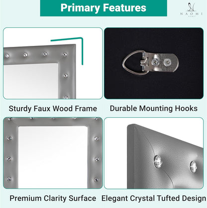 Crystal Tufted Floor Mirror Full Length, 63" LX22 W Wall Mirror, Standing Mirror,Wall Mirror with Faux Wood Frame, Full Length Mirrors for Bedroom - Gray