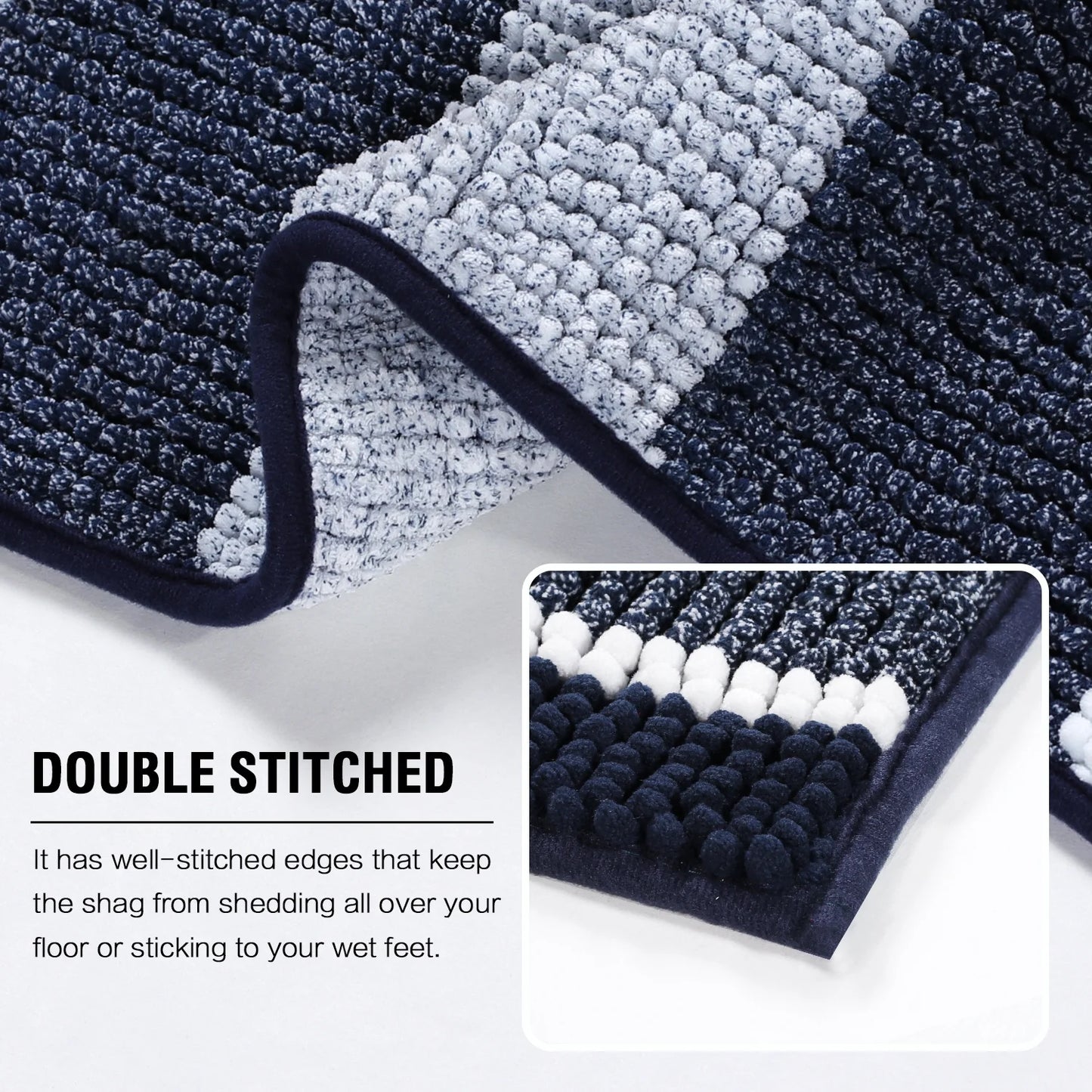 Extra Thick Chenille Striped Pattern Bath Rugs for Bathroom Non Slip - Soft Plush Shaggy Bath Mats for Bathroom Floor, Indoor Mats Rugs for Entryway (Navy, 32 X 20 plus 24 X 17 - Inches)