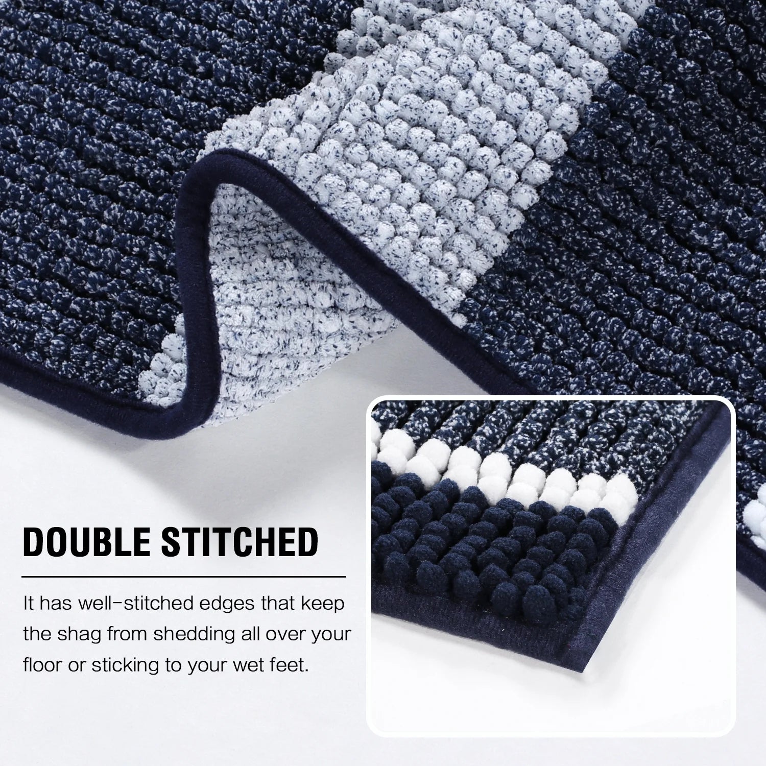 Extra Thick Chenille Striped Pattern Bath Rugs for Bathroom Non Slip - Soft Plush Shaggy Bath Mats for Bathroom Floor, Indoor Mats Rugs for Entryway (Navy, 32 X 20 plus 24 X 17 - Inches)