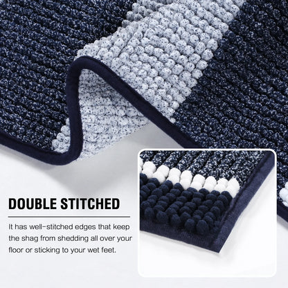 Extra Thick Chenille Striped Pattern Bath Rugs for Bathroom Non Slip - Soft Plush Shaggy Bath Mats for Bathroom Floor, Indoor Mats Rugs for Entryway (Navy, 32 X 20 plus 24 X 17 - Inches)