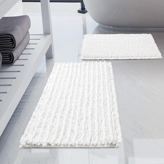 Luxury Chenille White Bathroom Rugs Sets 2 Piece, Thickened Hot Melt Rubber Bottom Bath Mats for Bathroom Non Slip,Bath Rugs Quick Dry Machine Washable for Shower Mat (32"X20"+17"X24")