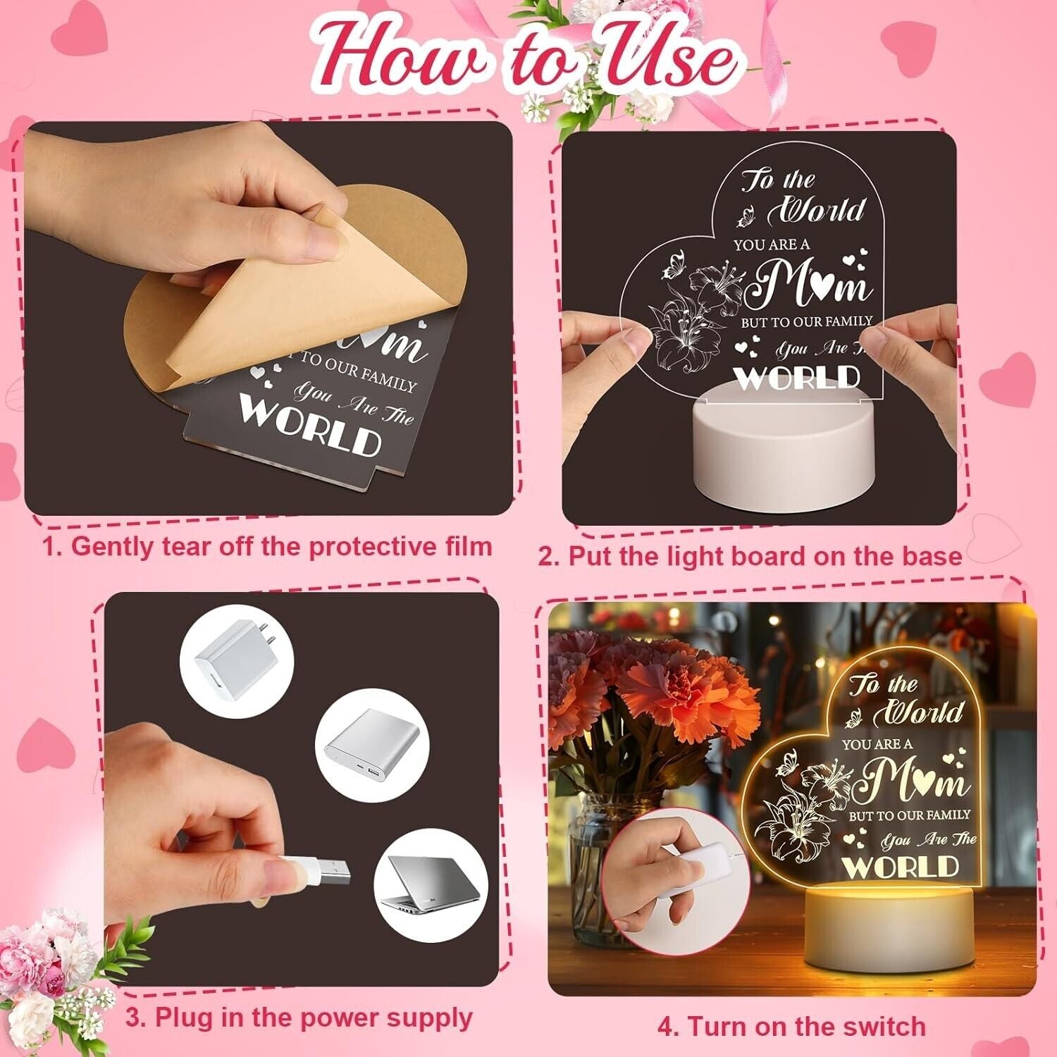 Mothers Day Gifts for Mom from Daughter Son Kids, Engraved Night Light Lamp Gift