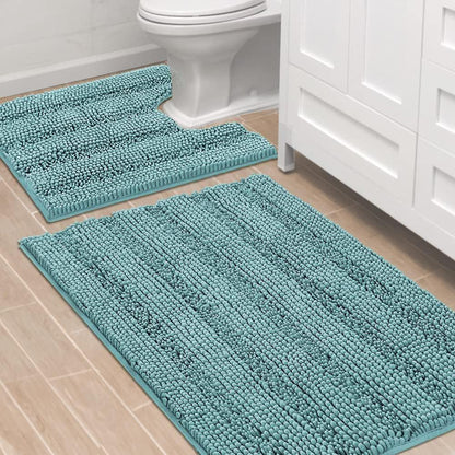Bathroom Rugs Bath Rug Set 2 Piece Bathroom Contour Rug Toilet Mat Sets Non Slip Contour Bath Rug Ultra Thick Water Absorbent Striped Bath Mats(36" X 24" plus 20" X 24" U, Aqua Haze)