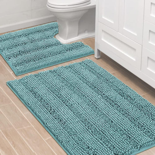 Bathroom Rugs Bath Rug Set 2 Piece Bathroom Contour Rug Toilet Mat Sets Non Slip Contour Bath Rug Ultra Thick Water Absorbent Striped Bath Mats(36" X 24" plus 20" X 24" U, Aqua Haze)