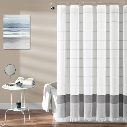 72 In. X 72 In. Gray Stripe Yarn Dyed Tassel Fringe Woven Cotton Shower Curtain