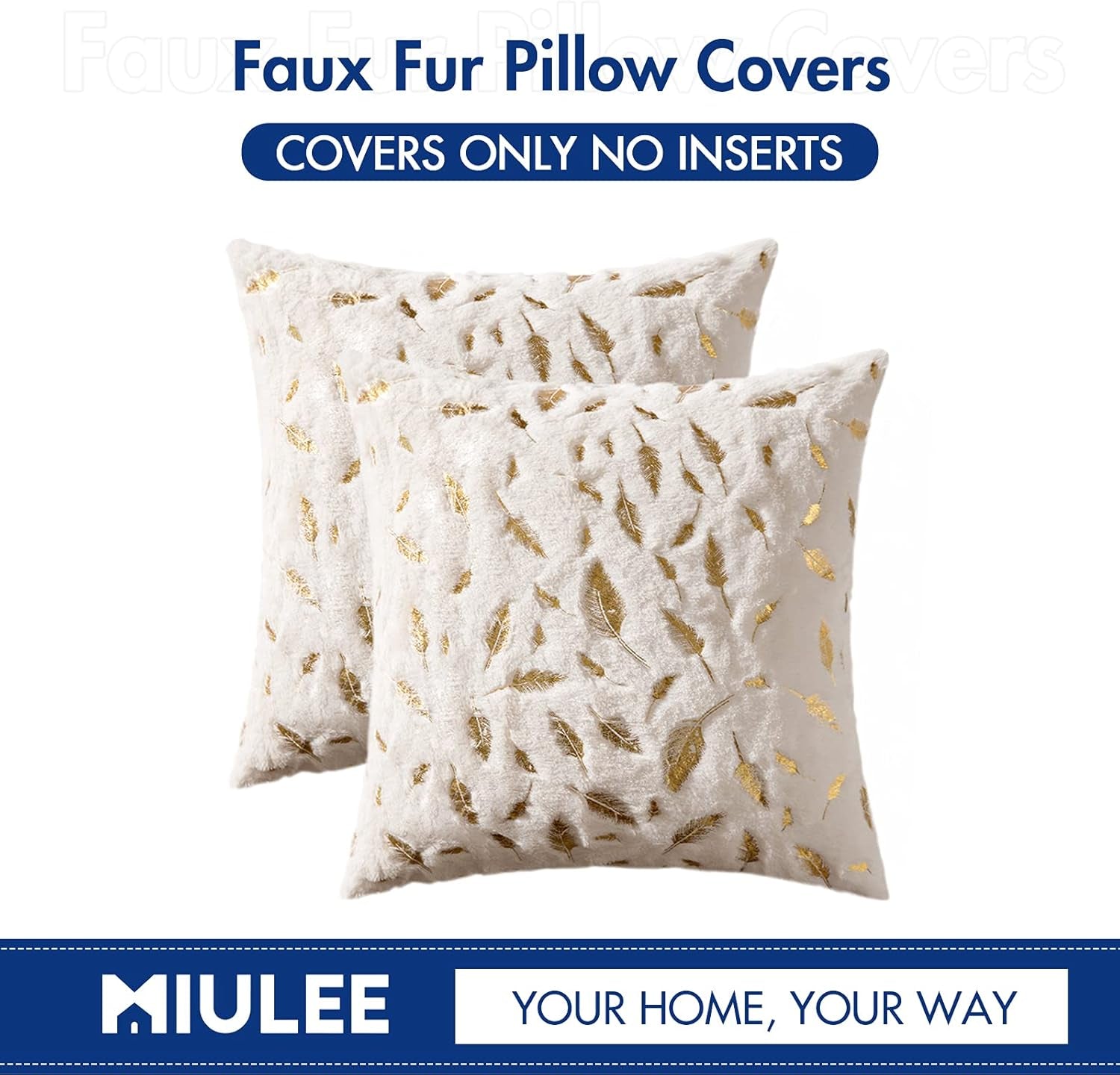 Pack of 2 Decorative Throw Pillow Covers Plush Faux Fur with Gold Feathers Gilding Leaves Cushion Covers Cases Soft Fuzzy Cute Pillowcase for Couch Sofa Bed, 18 X 18 Inch, Ivory