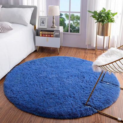 Luxury round Fluffy Area Rugs for Bedroom Kids Girls Room Nursery, Super Soft Circle Rug, Cute Shaggy Carpet for Children Living Room, 4X4 Feet Light Navy