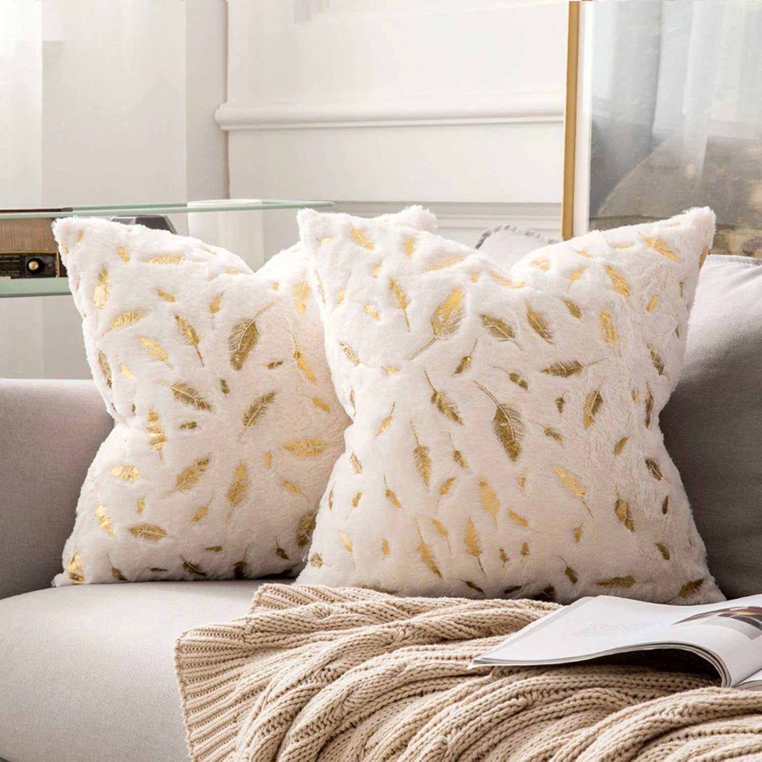 Pack of 2 Decorative Throw Pillow Covers Plush Faux Fur with Gold Feathers Gilding Leaves Cushion Covers Cases Soft Fuzzy Cute Pillowcase for Couch Sofa Bed, 18 X 18 Inch, Ivory