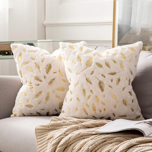 Pack of 2 Decorative Throw Pillow Covers Plush Faux Fur with Gold Feathers Gilding Leaves Cushion Covers Cases Soft Fuzzy Cute Pillowcase for Couch Sofa Bed, 18 X 18 Inch, Ivory