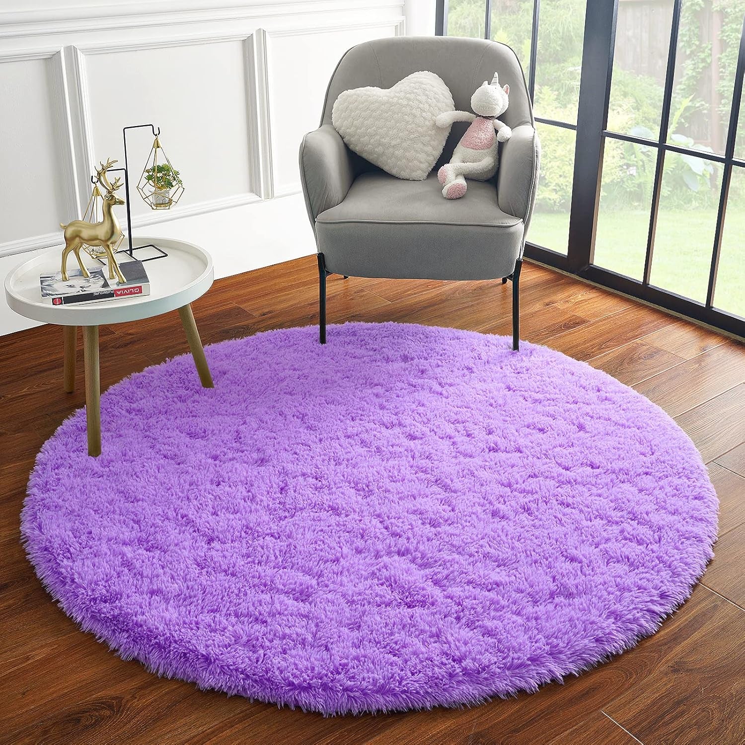 Fluffy round Rug for Kids Room, Soft Circle Area Rugs for Girls Bedroom, Cute Princess Castle Nursery Rug Shaggy Circular Carpet for Teens Girls Baby Bedroom Home Decor, 5 X 5 Feet Purple