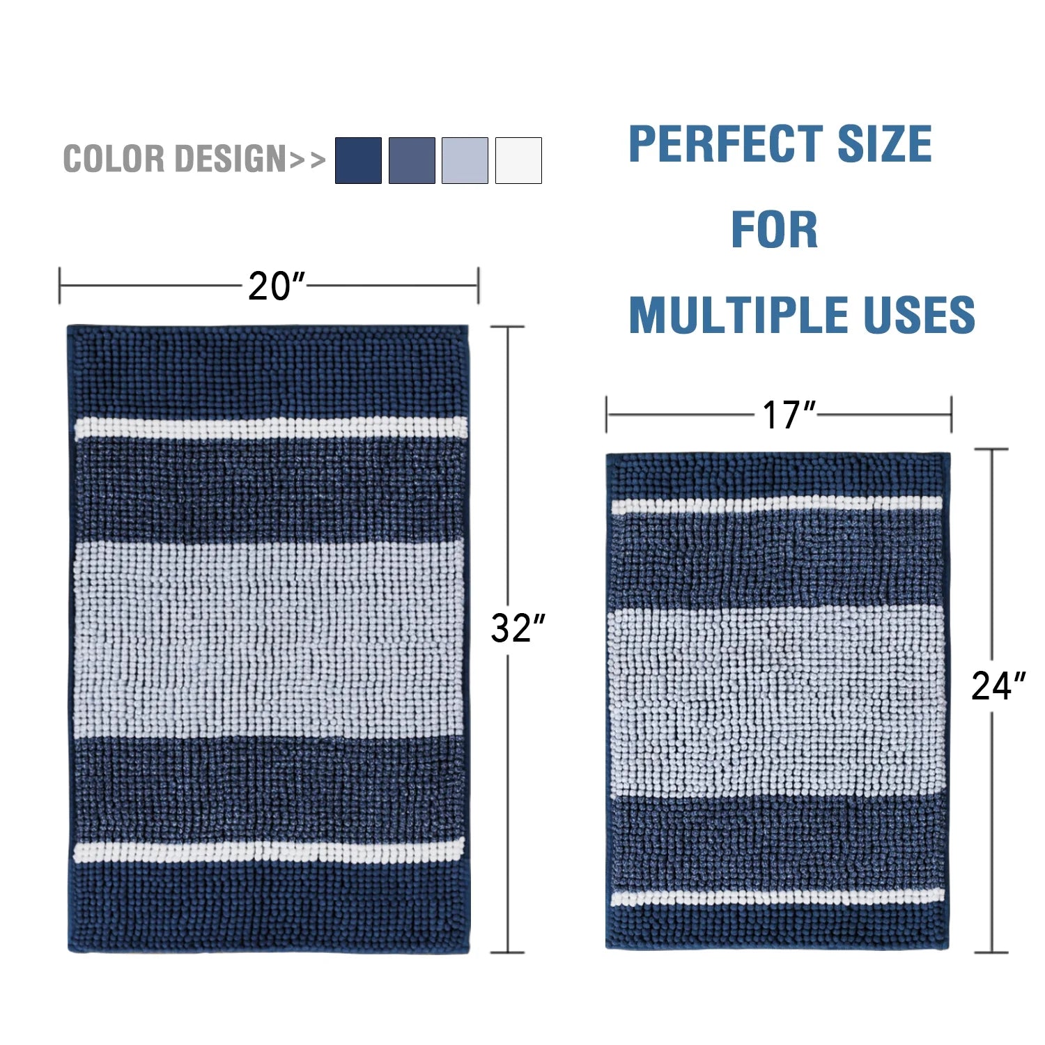 Extra Thick Chenille Striped Pattern Bath Rugs for Bathroom Non Slip - Soft Plush Shaggy Bath Mats for Bathroom Floor, Indoor Mats Rugs for Entryway (Navy, 32 X 20 plus 24 X 17 - Inches)
