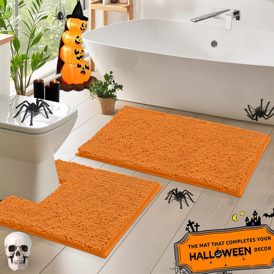 Orange Bathroom Rugs Chenille 2-Piece Bath Mat Set, Soft Plush Bath Rug +Toilet Mat.1'' Microfiber Shaggy Carpet, Super Absorbent Machine Washable - Square Curved Set (20”X 30” + 20”X20” U, Orange)