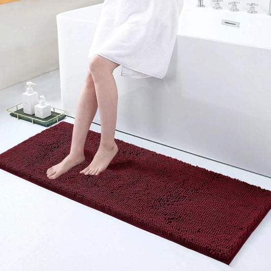 Luxury Chenille Bathroom Rugs, Extra Soft and Absorbent Bath Mat, Wine Red, 17"X47"