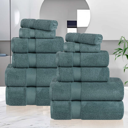 Zero Twist Cotton 12 Piece Assorted Towel Set, Jade Green