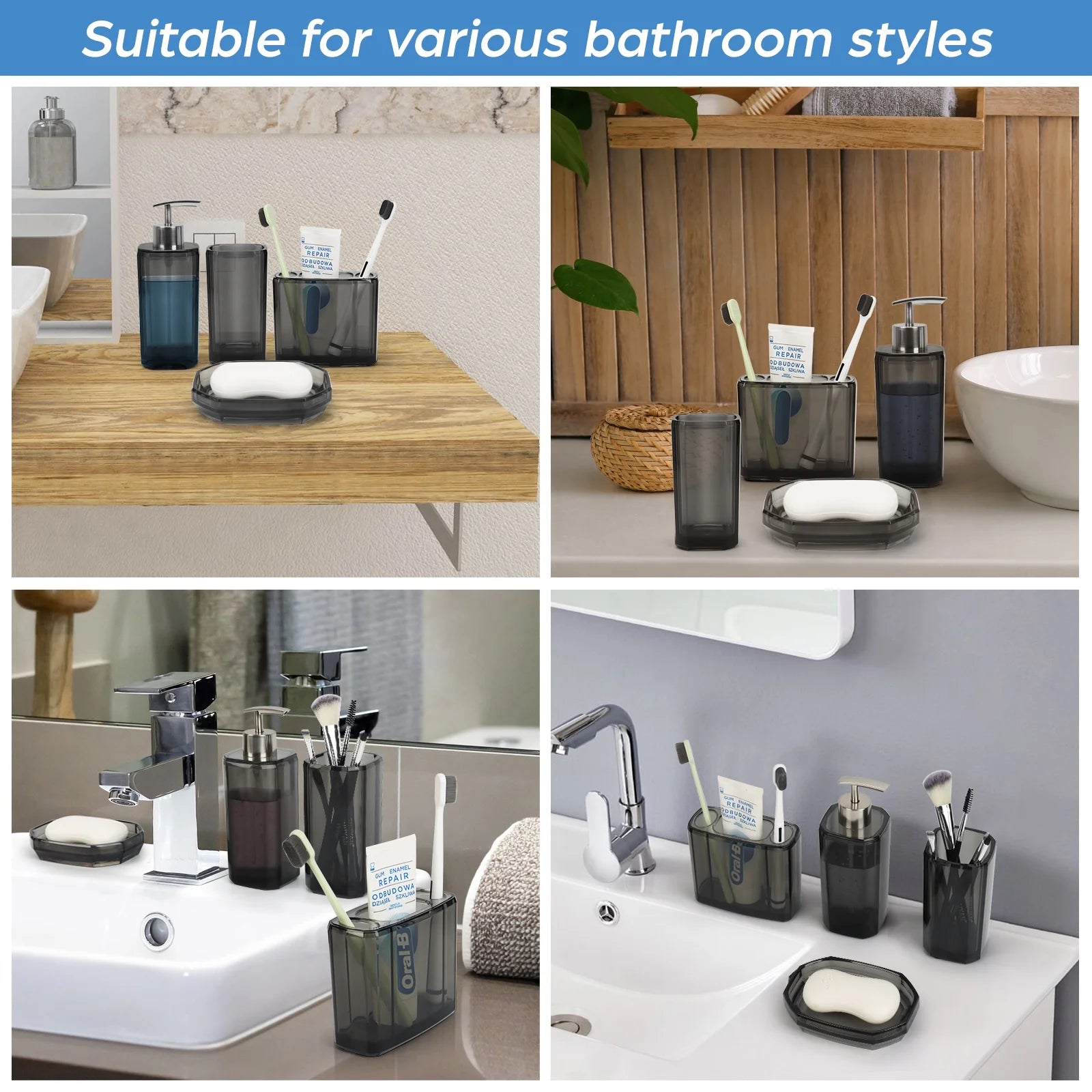 Bathroom Accessories Set, 4Pcs Elegant Acrylic Bathroom Decor, Grey Vanity Storage, Lotion Soap Dispenser, Soap Dish, Toothbrush Holder, Acrylic Tumbler, Home Essentials for Women