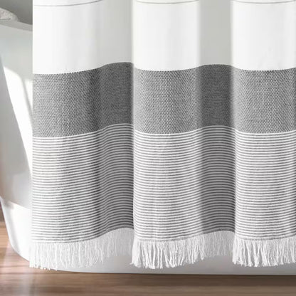72 In. X 72 In. Gray Stripe Yarn Dyed Tassel Fringe Woven Cotton Shower Curtain