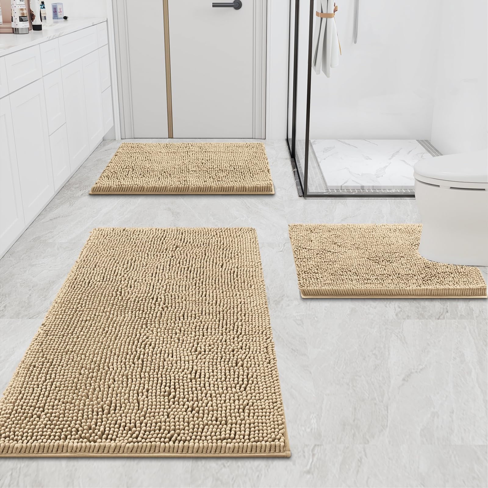 Luxury Chenille Bathroom Rugs, Extra Soft and Absorbent Bath Mat, Beige, 17"X47"