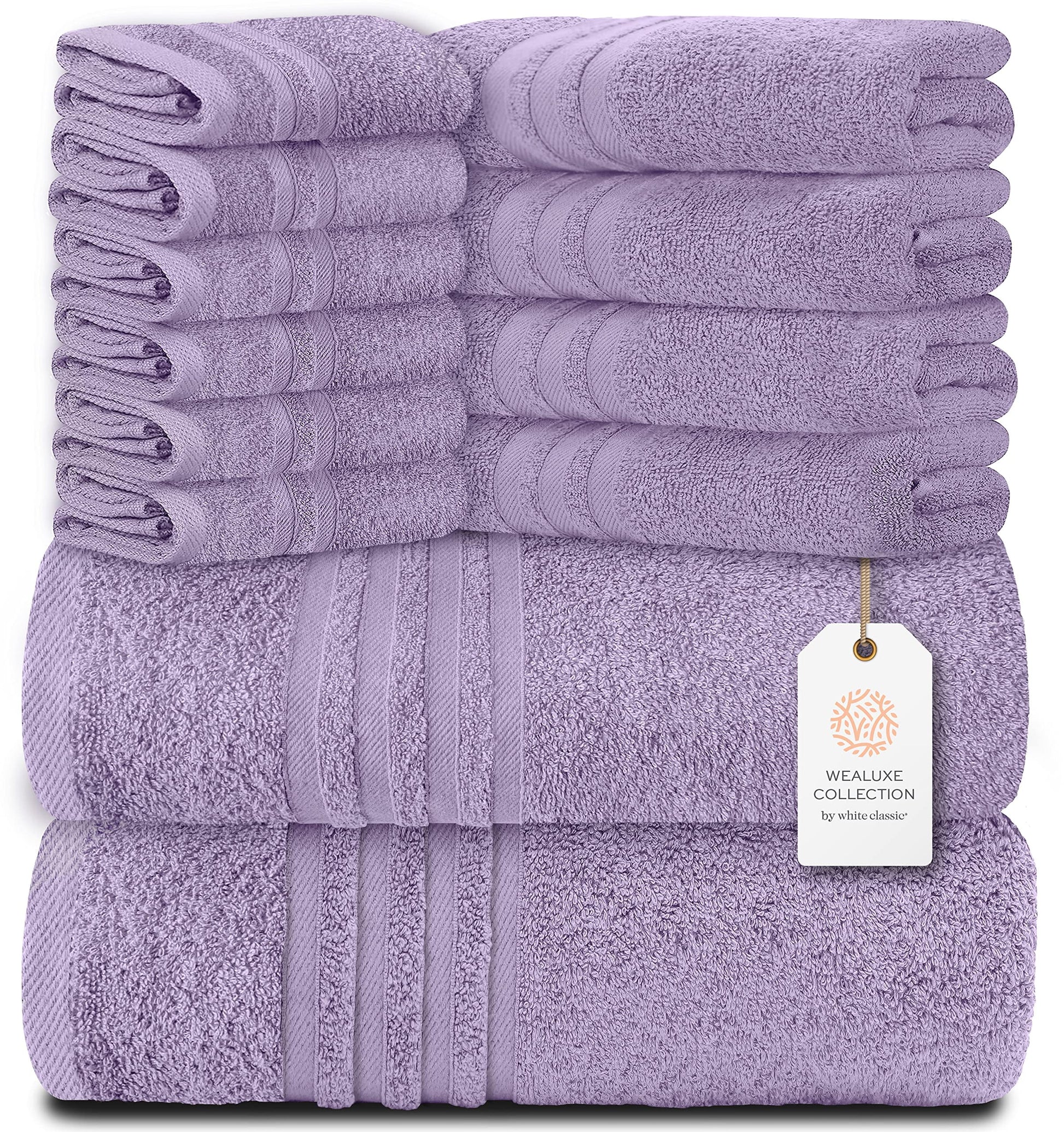 12 Piece Bath Towel Set for Bathroom - Wealuxe Collection 2 Bath Towels, 4 Hand Towels, 6 Washcloths 100% Cotton Soft and Plush Highly Absorbent, Soft Towel for Hotel & Spa - Lavender