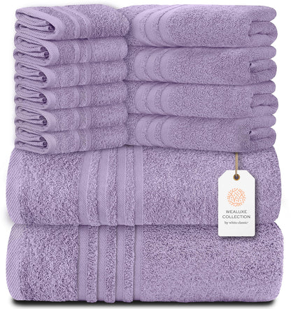 12 Piece Bath Towel Set for Bathroom - Wealuxe Collection 2 Bath Towels, 4 Hand Towels, 6 Washcloths 100% Cotton Soft and Plush Highly Absorbent, Soft Towel for Hotel & Spa - Lavender