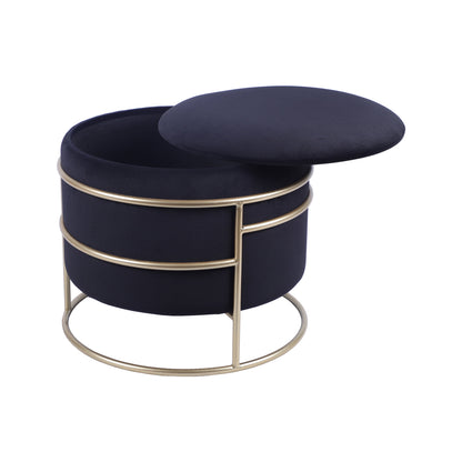 Elegant Velvet round Ottoman with Gold Frame and Storage, Black