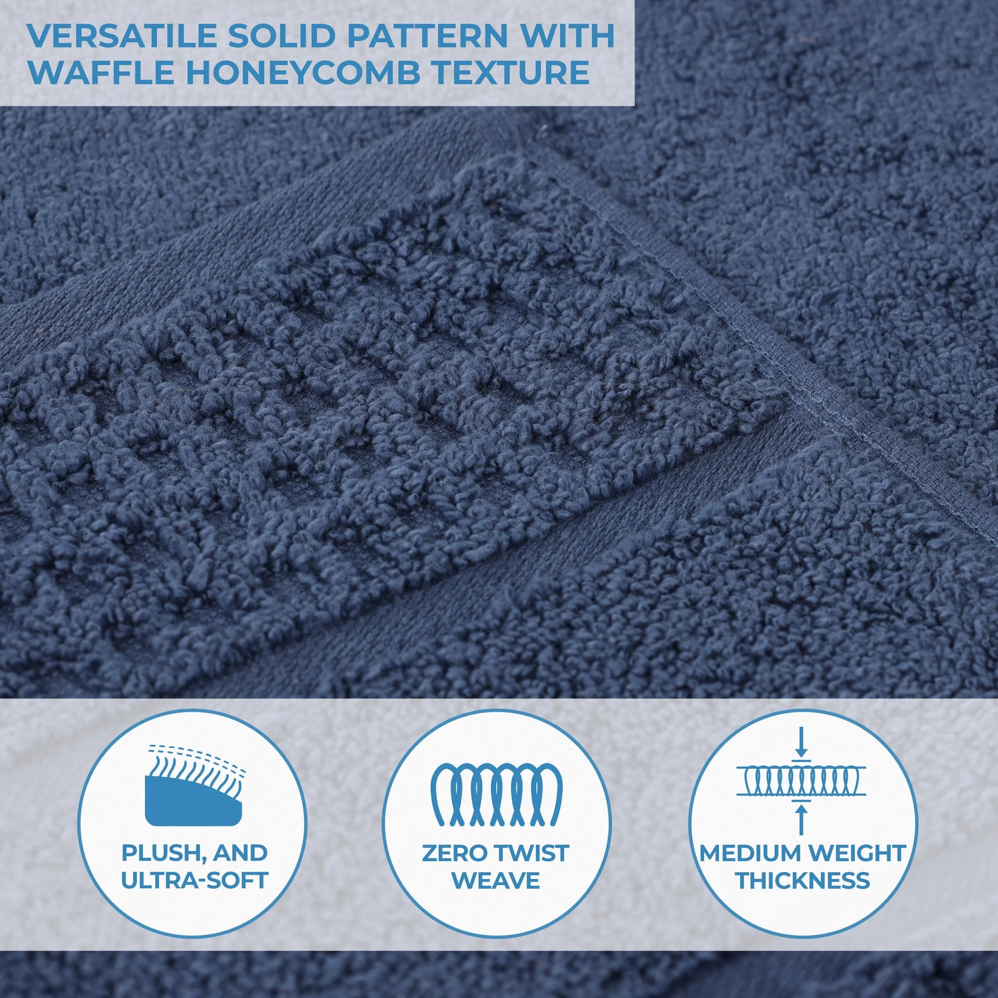 Zero Twist Cotton Waffle Border 3-Piece Towel Set, Denim Blue