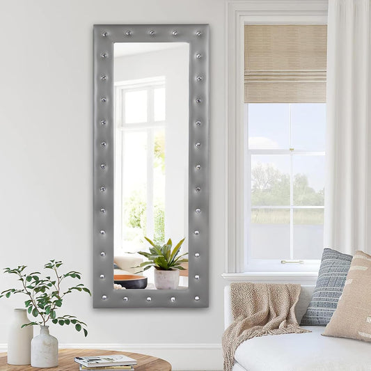 Crystal Tufted Floor Mirror Full Length, 63" LX22 W Wall Mirror, Standing Mirror,Wall Mirror with Faux Wood Frame, Full Length Mirrors for Bedroom - Gray
