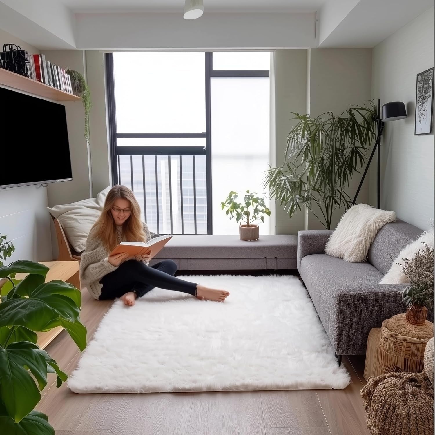 Ultra Soft & Fluffy Faux Sheepskin Rug, White 4 X 6 Feet Carpet for Bedroom Living Room