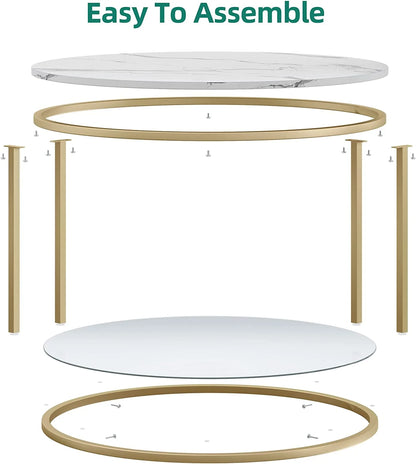 Dexturs 2-Tier round Coffee Table Marble Center Cocktail Table with Glass Open Storage Shelf, White