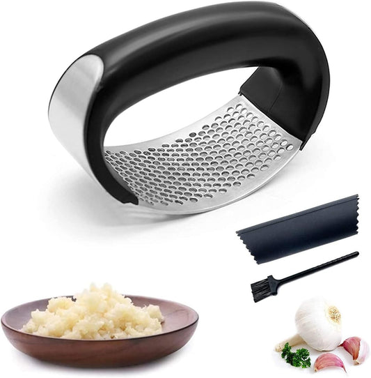 Garlic Press Rocker, Stainless Steel Garlic Mincer Crusher Professional Kitchen Gadgets Garlic Chopper with Ergonomic Handle Silicone Tube Peeler and Cleaning Brush Tool