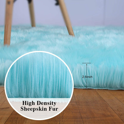 Fluffy Faux Fur Sheepskin Rugs Luxurious Wool Area Rug for Kids Room Bedroom Bedside Living Room Office Home Decor Carpet (3Ft X 5Ft, Light Blue)