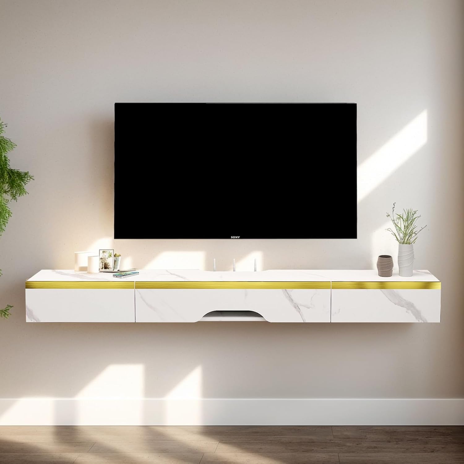 Floating TV Shelf with 3 Doors, 47'' Wall Mounted Wood Floating TV Console Entertainment Media Shelf TV Wall Unit with Storage for Bedroom Living Room(White)