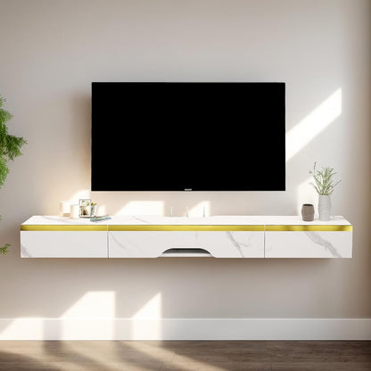 Floating TV Shelf with 3 Doors, 47'' Wall Mounted Wood Floating TV Console Entertainment Media Shelf TV Wall Unit with Storage for Bedroom Living Room(White)