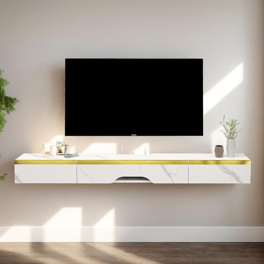 Floating TV Shelf with 3 Doors, 47'' Wall Mounted Wood Floating TV Console Entertainment Media Shelf TV Wall Unit with Storage for Bedroom Living Room(White)