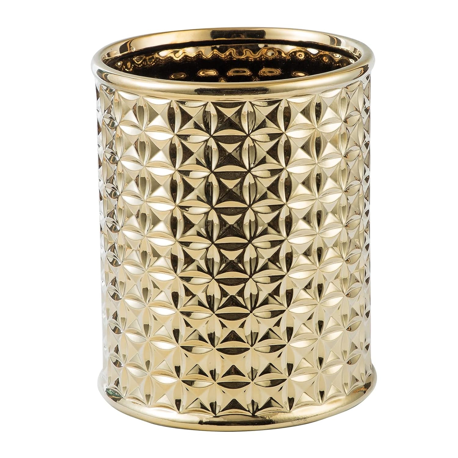 Gold Ceramic Trash Can - round Waste Bin for Bathroom Vanity & Kitchen Desk, Durable Small Garbage Can with Lid, Modern Home Office Decor, Space-Saving Design