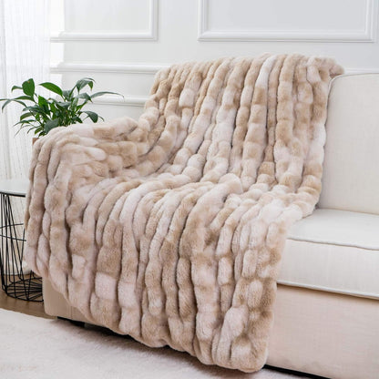 Ruched Luxurious Soft Beige Faux Fur Throw Blanket Fuzzy Plush Elegant with Reversible Mink Blanket for Sofa,Chair, Couch, Living Room, Home Decorative Blanket Tie Dye (Beige, 50"X60")
