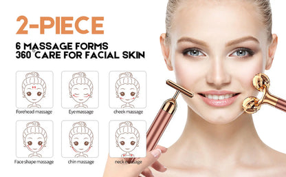 5-In-1 24K Gold Beauty Bar Face Massager Electric Vibrating Rose Quartz 3D Roller Face Lifting Body Facial Gua Sha Jade Roller