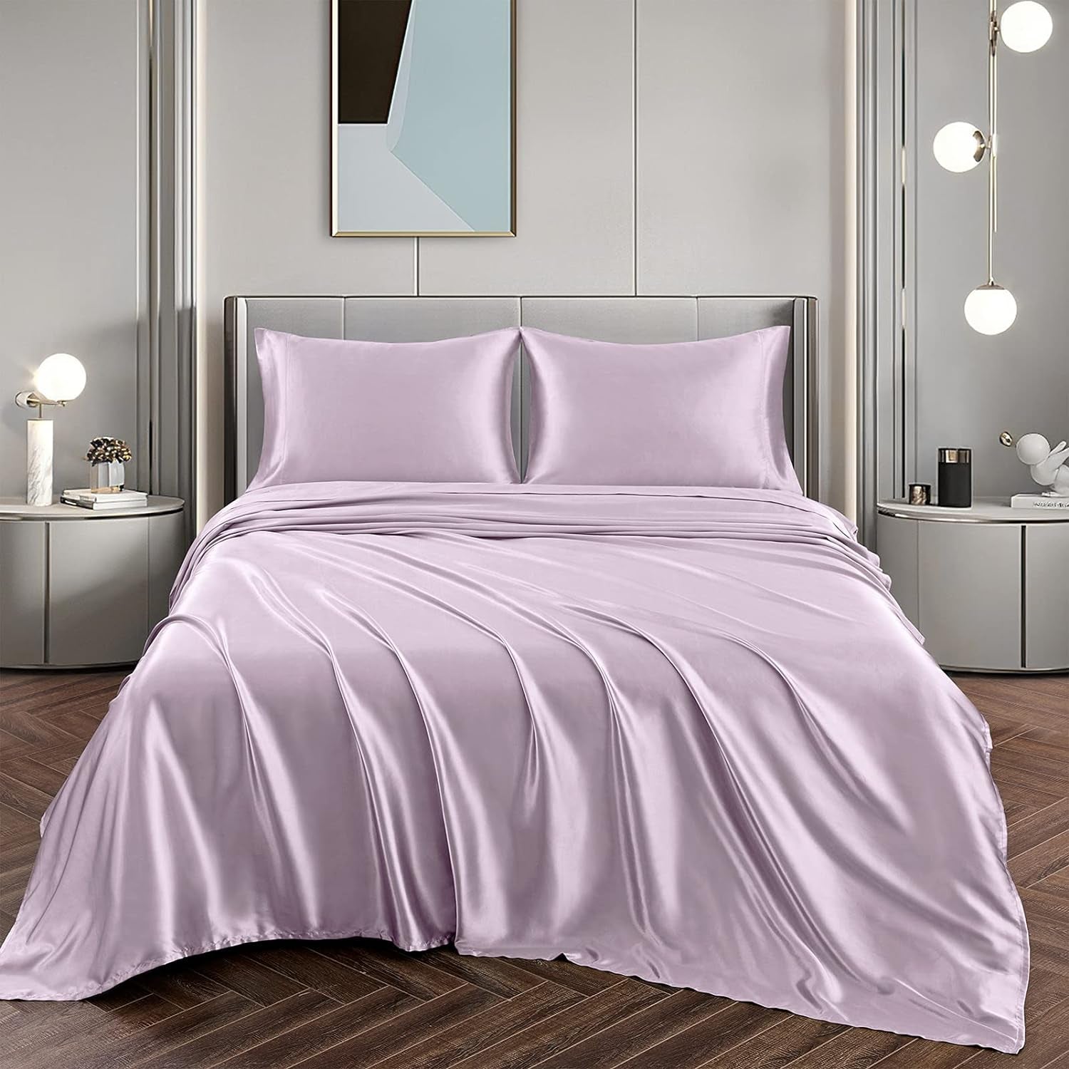Satin Sheets Full Size Set - Luxury Lavender Satin Sheet Set, Fitted with Deep Pockets + Flat Sheet + 2 Pillowcases