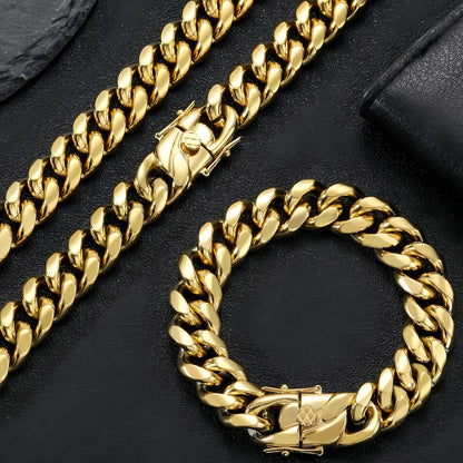 Miami Cuban Link Chain for Men 15Mm 18K Gold Stainless Steel Curb Necklace, Hip Hop Jewelry, Durable & Anti-Tarnish Mens Chain 18" 20" 22" 30" Inch, Pops Gifts for Fathers Boyfriends, Sons