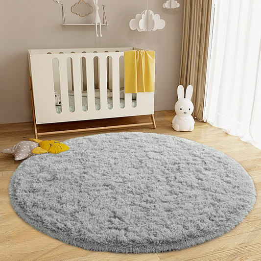Fluffy round Rug for Kids Room, Soft Circle Area Rugs for Girls Bedroom, Cute Princess Castle Nursery Rug Shaggy Circular Carpet for Teens Girls Baby Bedroom Home Decor, 4 X 4 Feet Grey