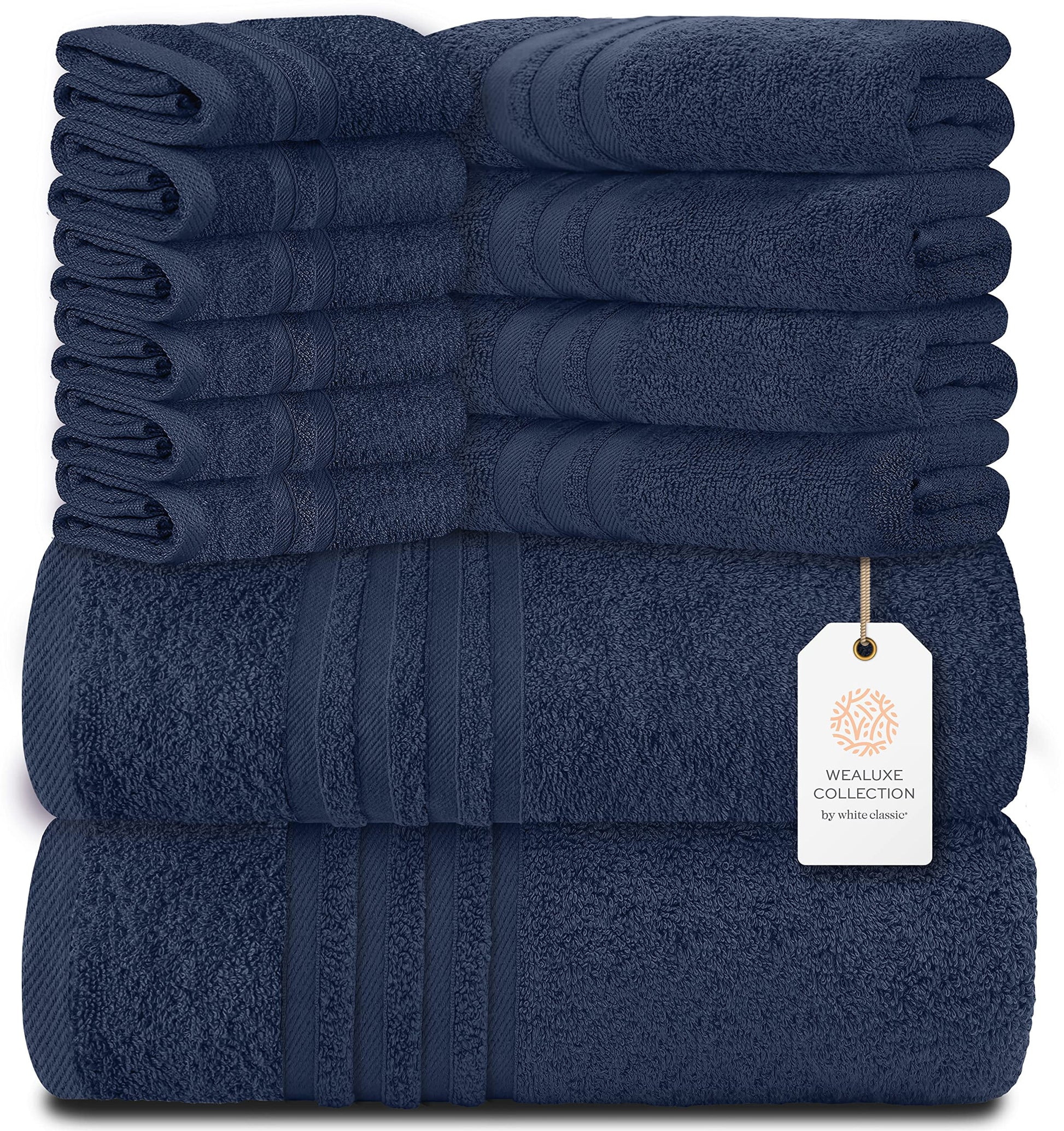 12 Piece Bath Towel Set for Bathroom - Wealuxe Collection 2 Bath Towels, 4 Hand Towels, 6 Washcloths 100% Cotton Soft and Plush Highly Absorbent, Soft Towel for Hotel & Spa - Navy