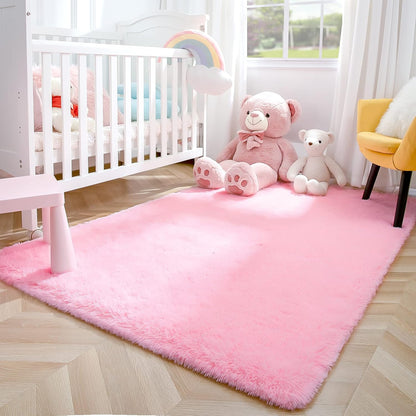 Fluffy Area Rugs for Bedroom, Soft Shaggy Rug for Living Room, Nursery Indoor Rugs Plush Floor Carpet Non-Slip Furry Play Mat for Kids Girls Room Modern Home Decor, 4 X 5.3 Feet Pink