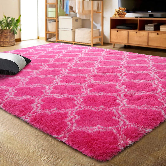Soft Geometric Area Rugs for Living Room Bedroom Shaggy Print Fluffy Carpets Home Decor Rug,5X8Ft,Hot Pink/White