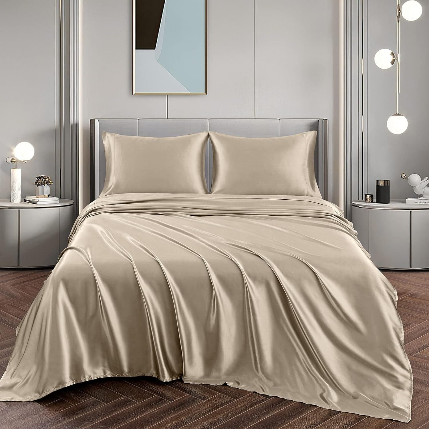 Satin Sheets Queen Size Silky Soft Satin Bed Sheets Taupe Satin Sheet Set, 1 Deep Pocket Fitted Sheet + 1 Flat Sheet + 2 Pillowcases