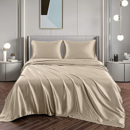 Satin Sheets Queen Size Silky Soft Satin Bed Sheets Taupe Satin Sheet Set, 1 Deep Pocket Fitted Sheet + 1 Flat Sheet + 2 Pillowcases