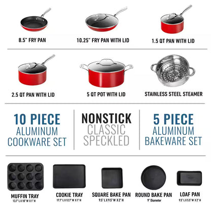 15-Piece Aluminum Ultra-Durable Non-Stick Diamond Infused Cookware and Bakeware Set in Red
